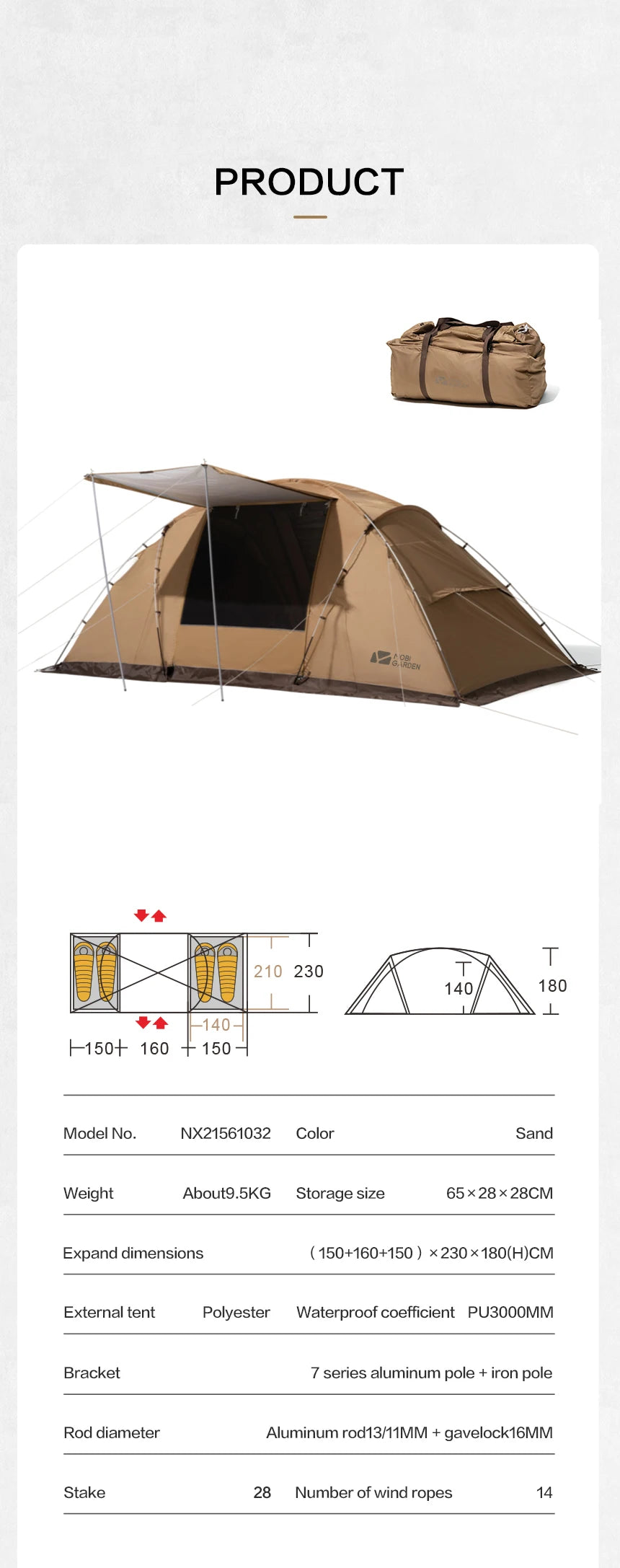 MOBI GARDEN Camping Tunnel Tent Two Bedrooms Waterproof Sunshade Portable Living Tent