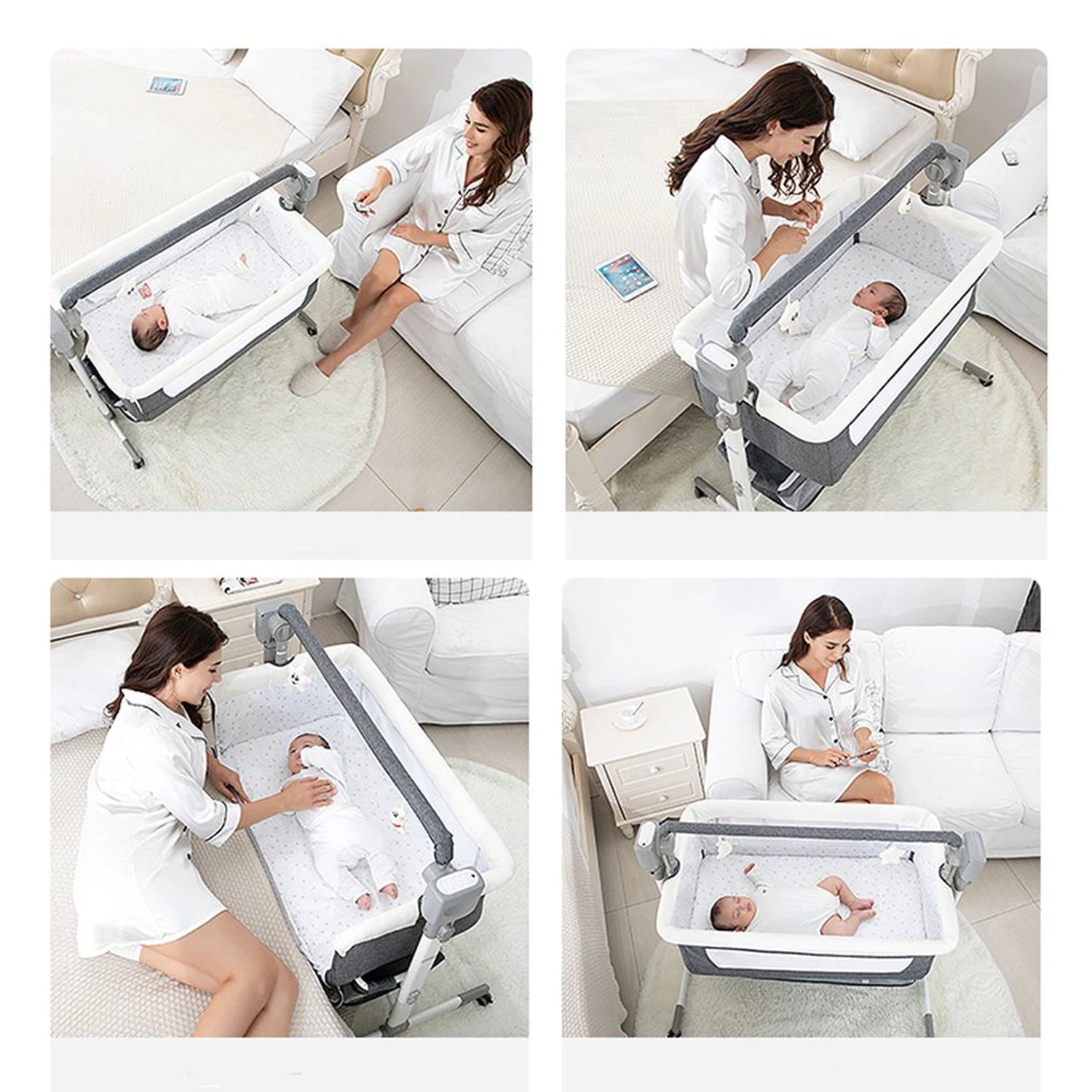 I YAN baby bassinet with automatic electric rocking, foldable travel co-sleeper for newborns, featuring remote control and bedside design.