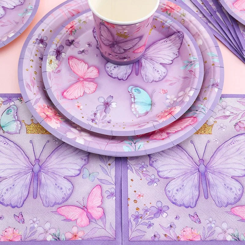 Butterfly Birthday Party Decoration Kids Girls Butterfly Party Disposable Tableware Paper Cup Plate Birthday Baby Shower Party - I YAN