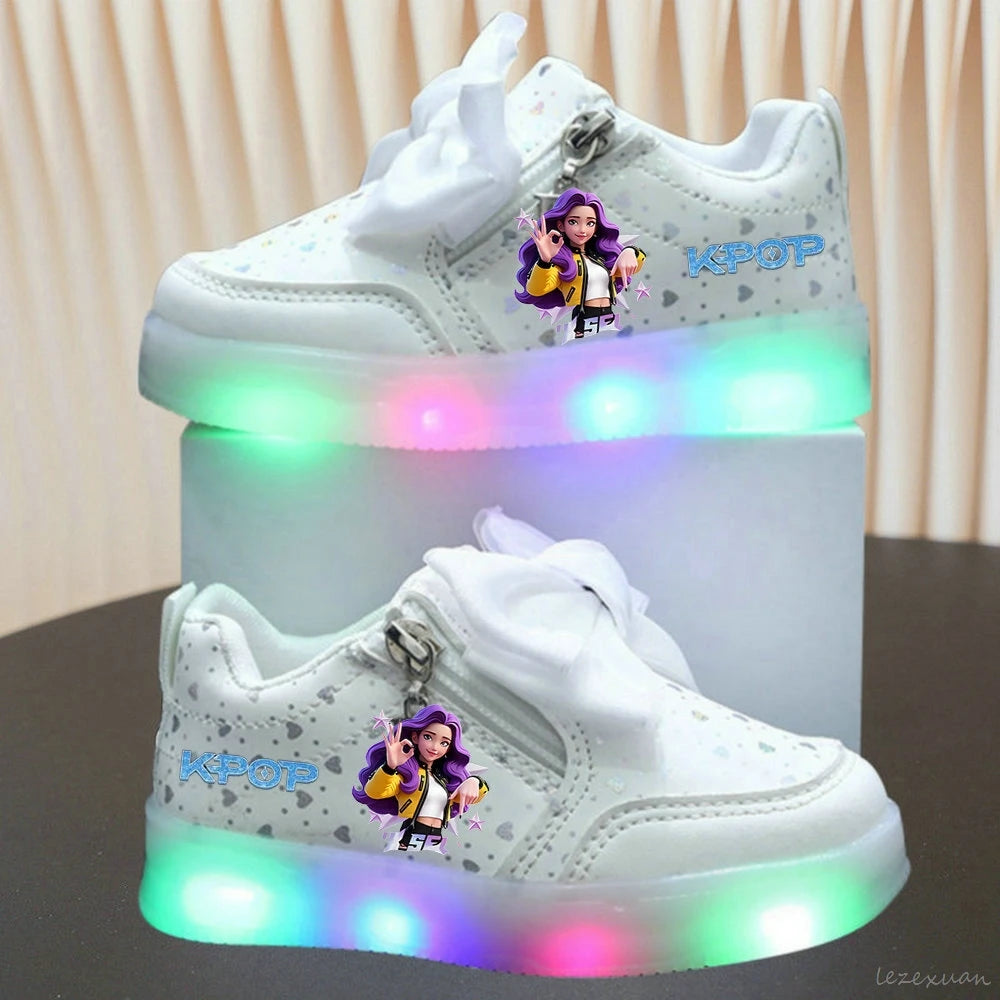 LED Casual Sneakers For Spring Girls KPop Demon Hunters Printed Mesh Breathable Shoes Children Lighted Non-slip Pink Purple