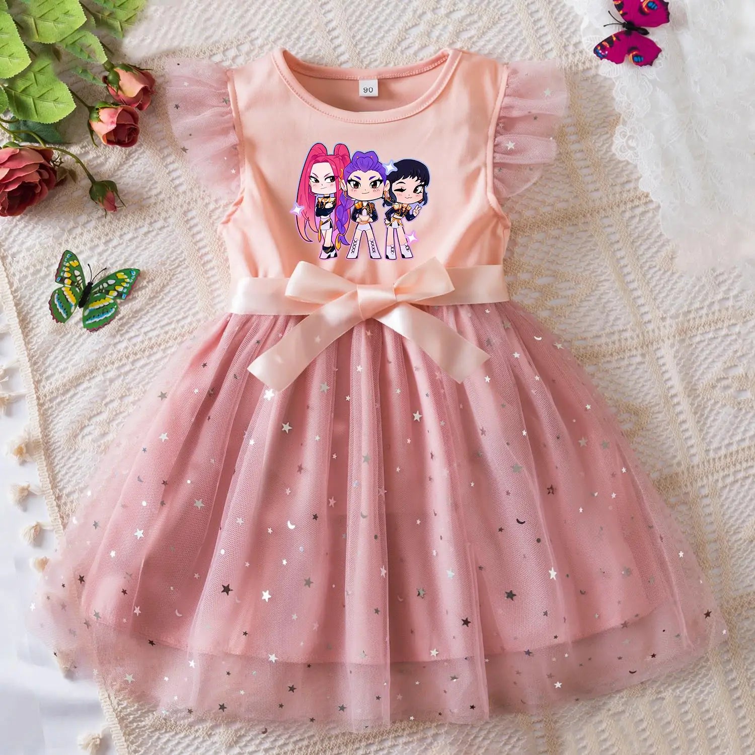 K-Pop Hunters Zoey Rumi Girls Sequin Tutu Dress with Bow Flutter Sleeves Summer Princess Party Outfit for Toddler Kids 2-6 Years