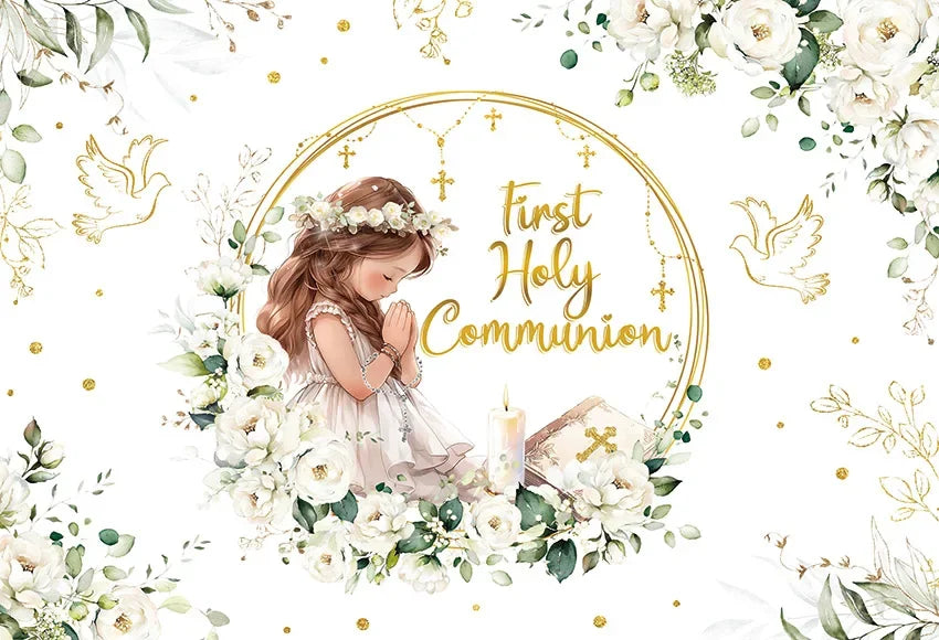 First Holy Communion Backdrop Gold Dots Flowers Gold Cross Boy or Girl My Baptism Party Decor Kids God Bless Photo Background
