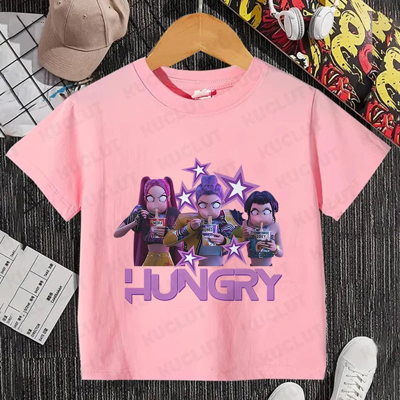 Kawaii K-POP Demon Hunters Kids T-shirt Girl Boy Clothes Children Clothing Fashion Tops Cotton Sweet Gift Short Sleeve Costumes
