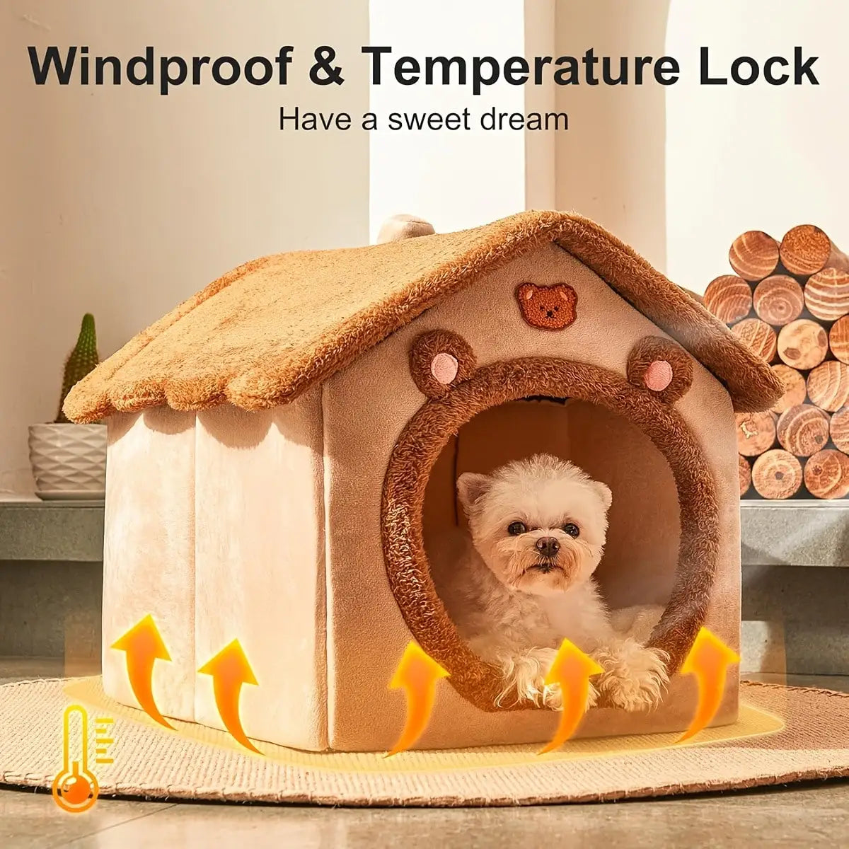 I YAN large bear-shaped pet house bed for small dogs and cats, soft plush, washable, cozy enclosed tent in brown.