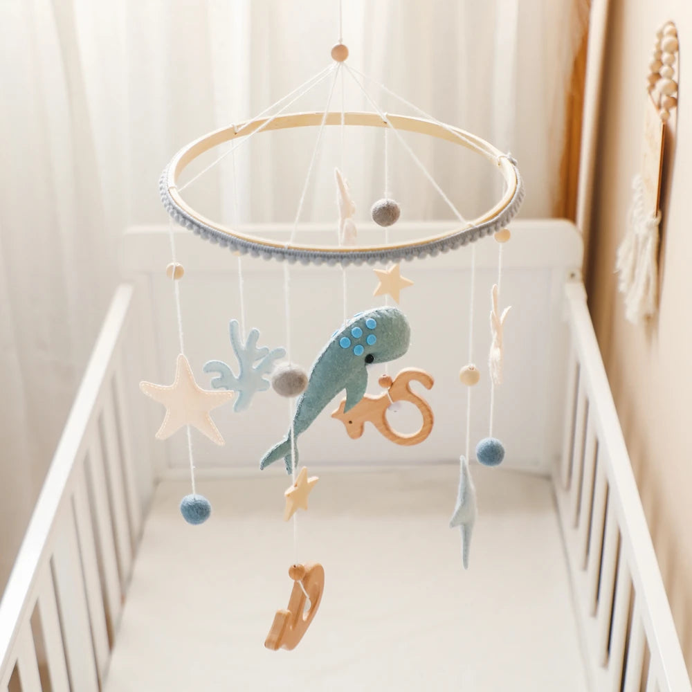 Blue Whale Baby Crib Mobile – Fabric & Bamboo Ring Nursery Decor for Newborns - I YAN