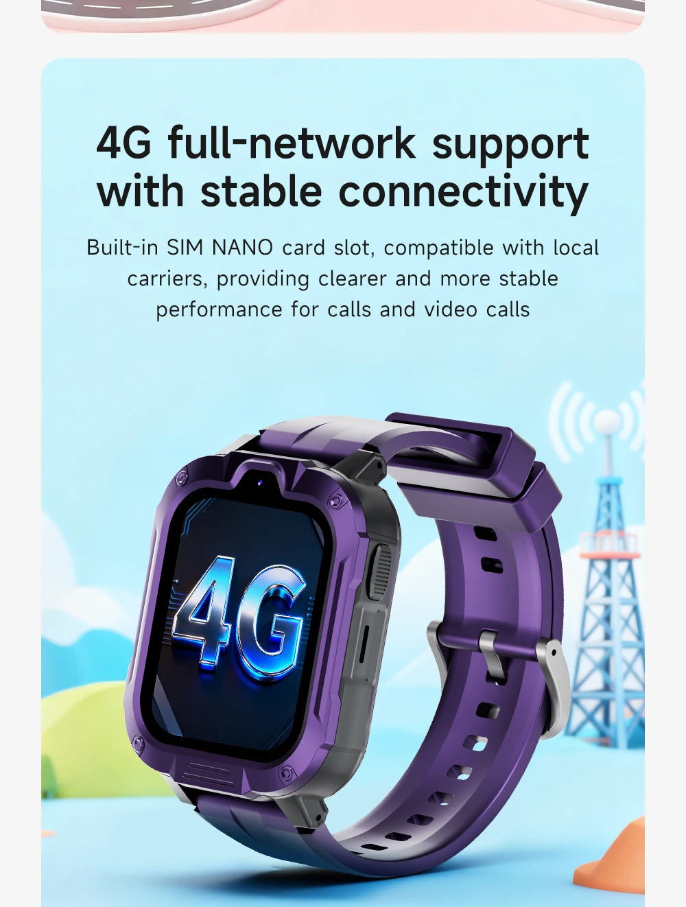 I YAN kids' smartwatch with 4G/2G SIM card, GPS, WiFi, video call, and 800mAh battery, showing the watch face and screen features.
