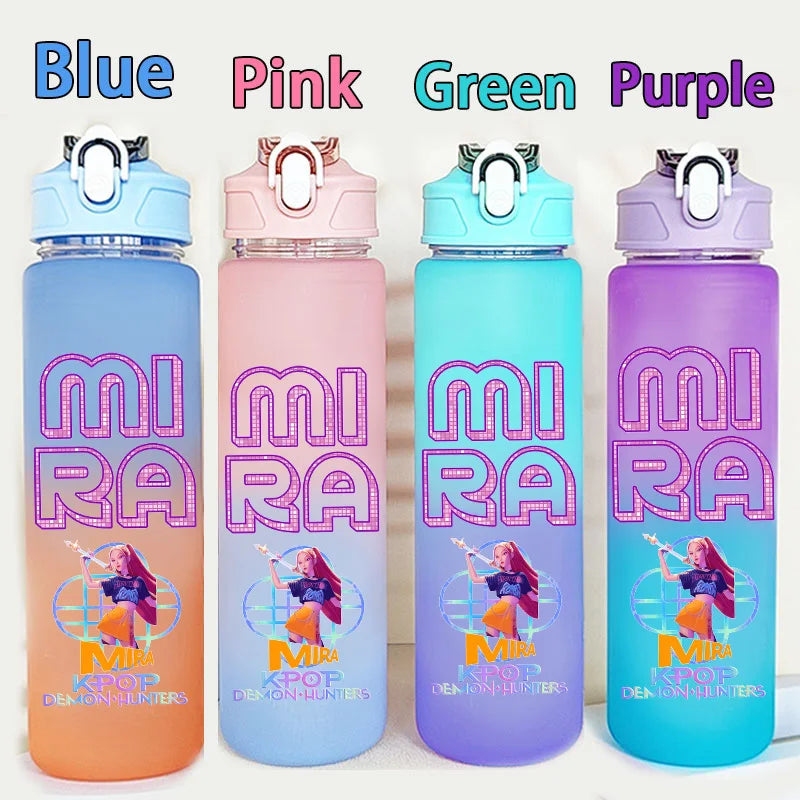I YAN Kpop Demon Hunters 750ML water bottle with warrior letter and number design, suitable for kids, featuring a durable drinking cup.