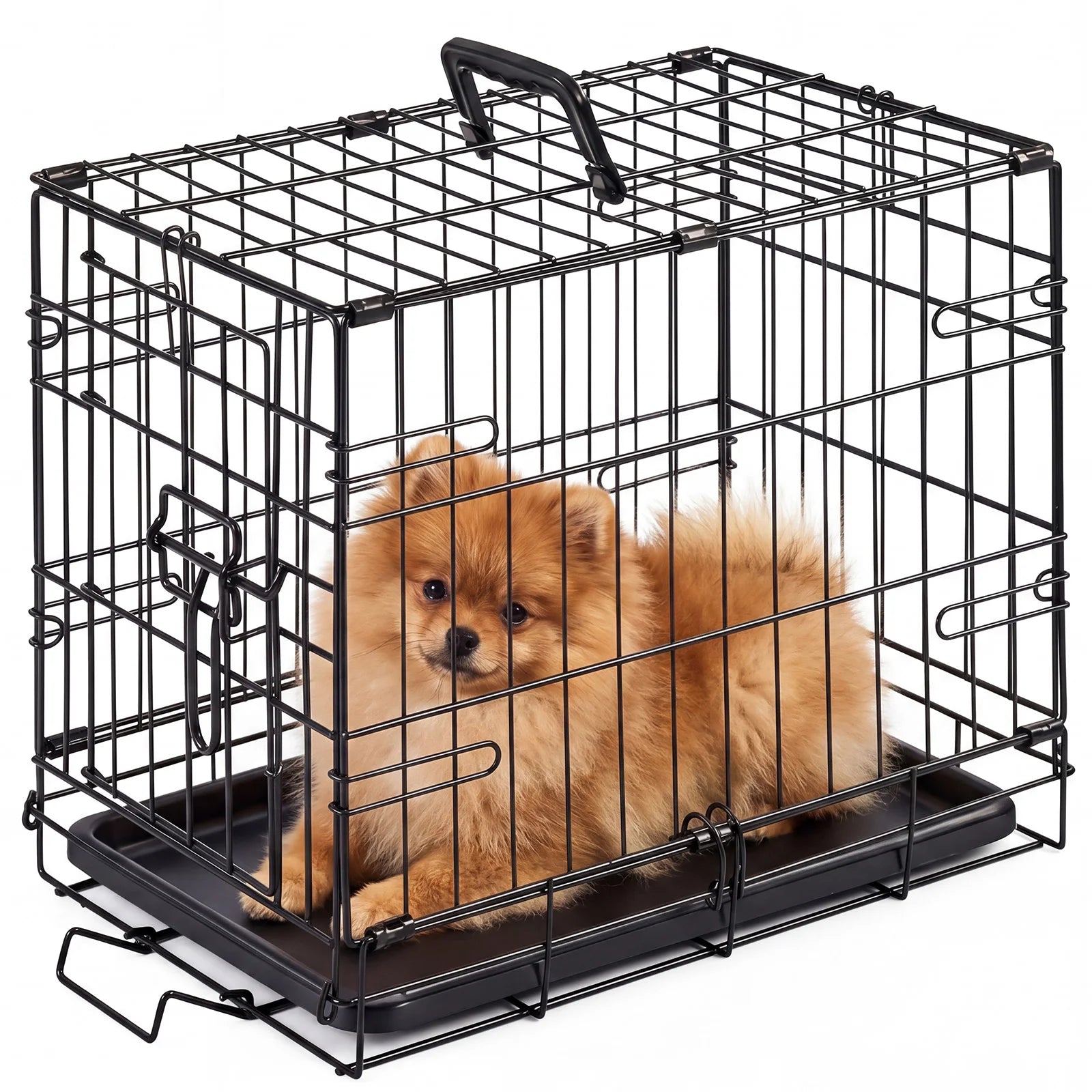 I YAN 18-inch metal dog crate with single door, secure lock, foldable design, removable tray, ideal for small dogs and puppies.
