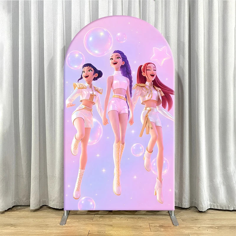 Kpop Demon Hunters Arch Backdrop Cover, Pink Starry Sky Arched Banner for Girls Birthday Party, Custom Spandex Photo Background