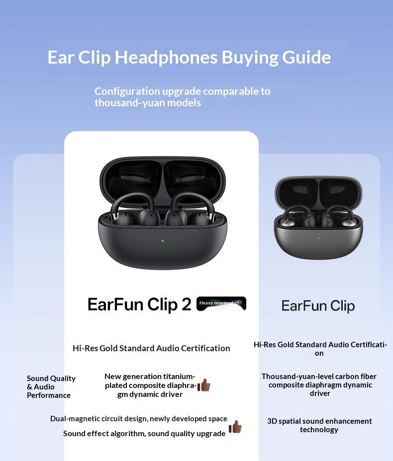 EarFun Clip 2 Open Ear Sport Bluetooth Earphones Hi-Res Sound AI Translation IP55 Waterproof Long Battery Life for Outdoor