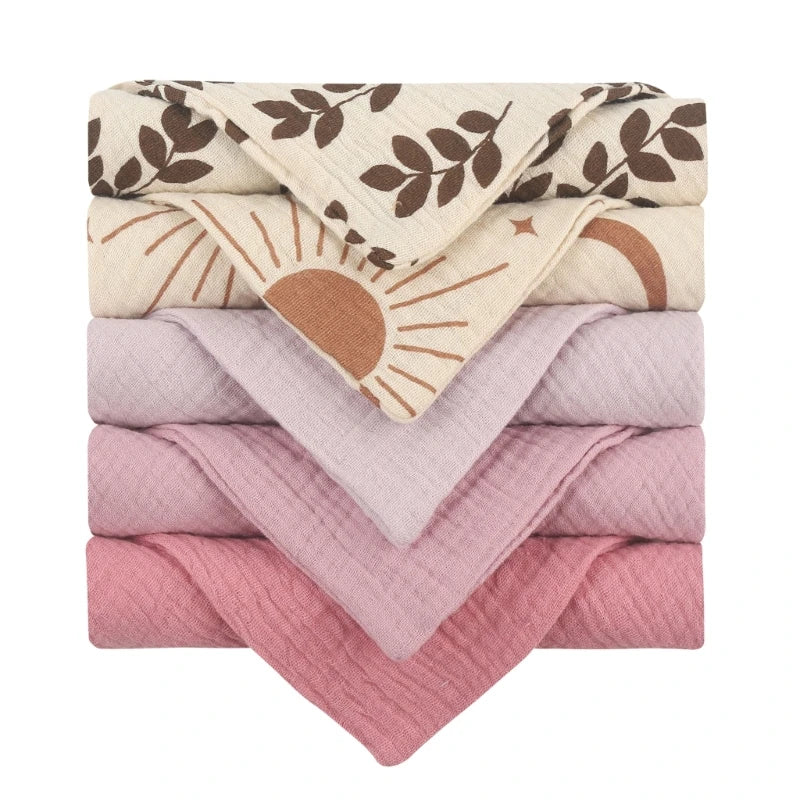 Set of 5 I YAN square cotton baby face towels and burp cloths with soft, absorbent gauze fabric for infants and kids.
