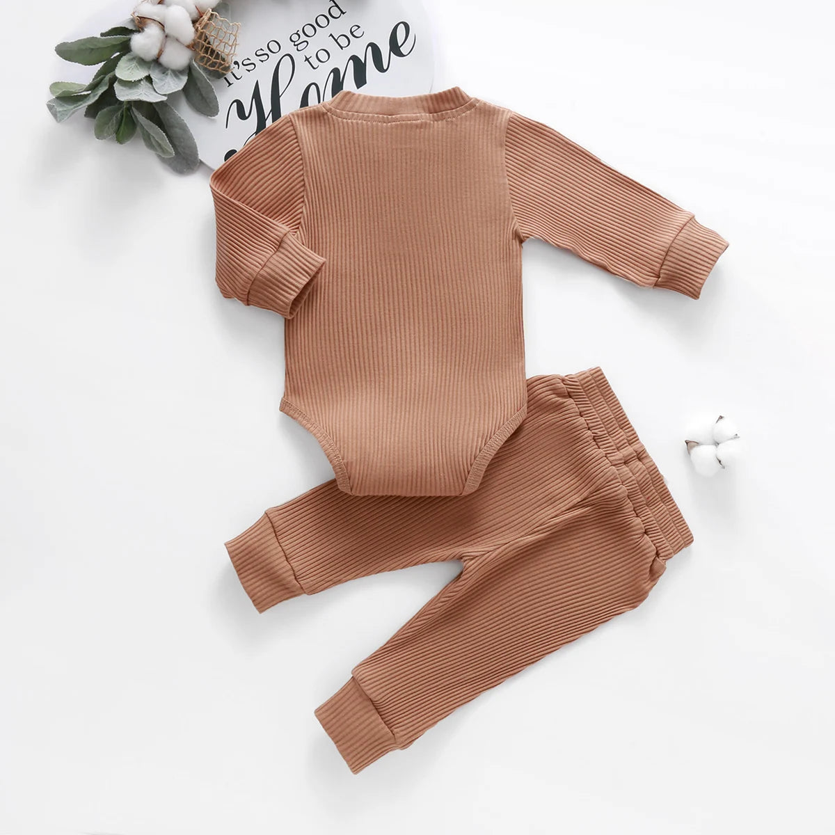 I YAN infant baby girl or boy spring autumn ribbed and plaid solid long sleeve bodysuit with elastic pants 2-piece outfit set