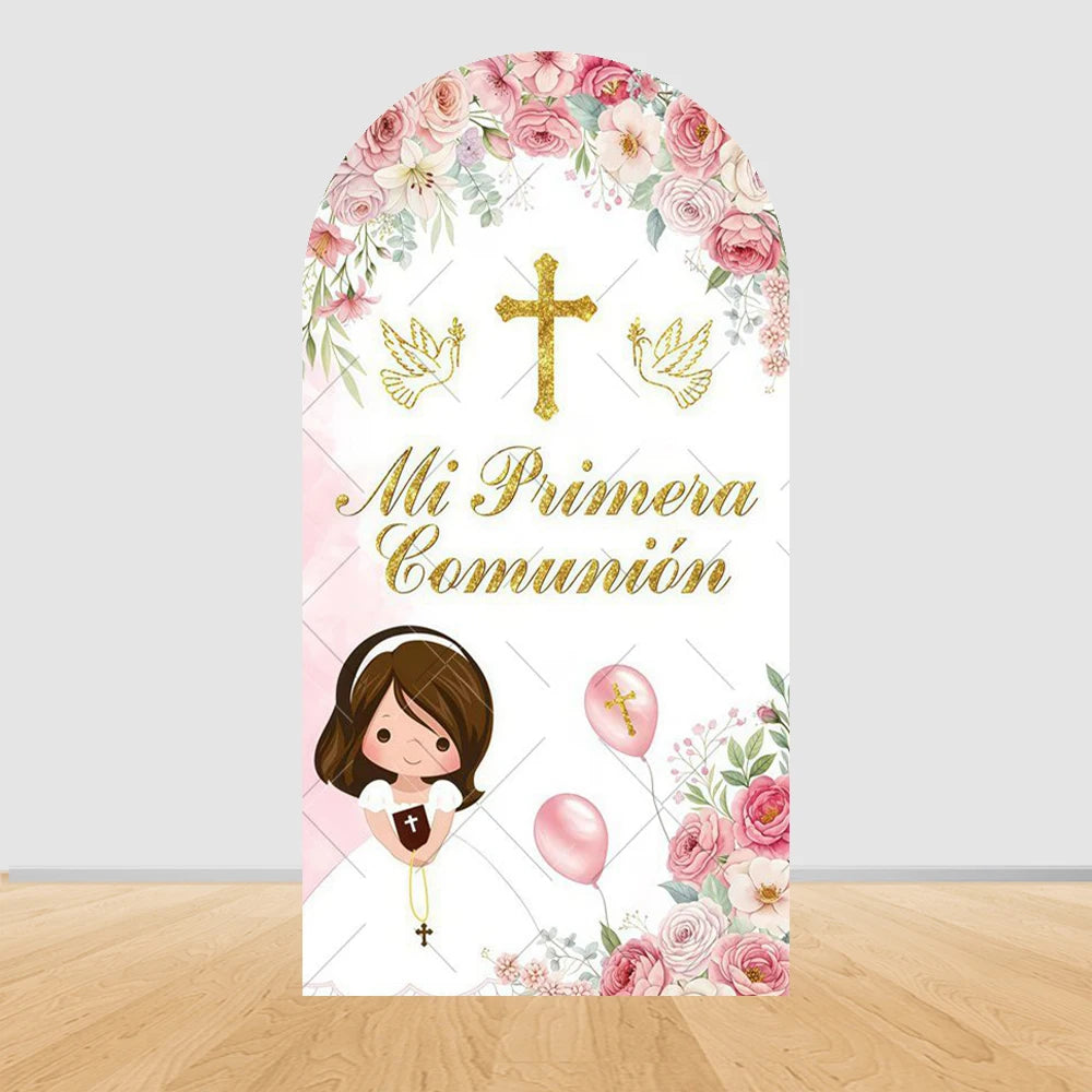 First Holy Communion Arch Backdrop Cover Boys Girls Christening God Bless Cross Green Leaves Decor Backgrounds for Photographs