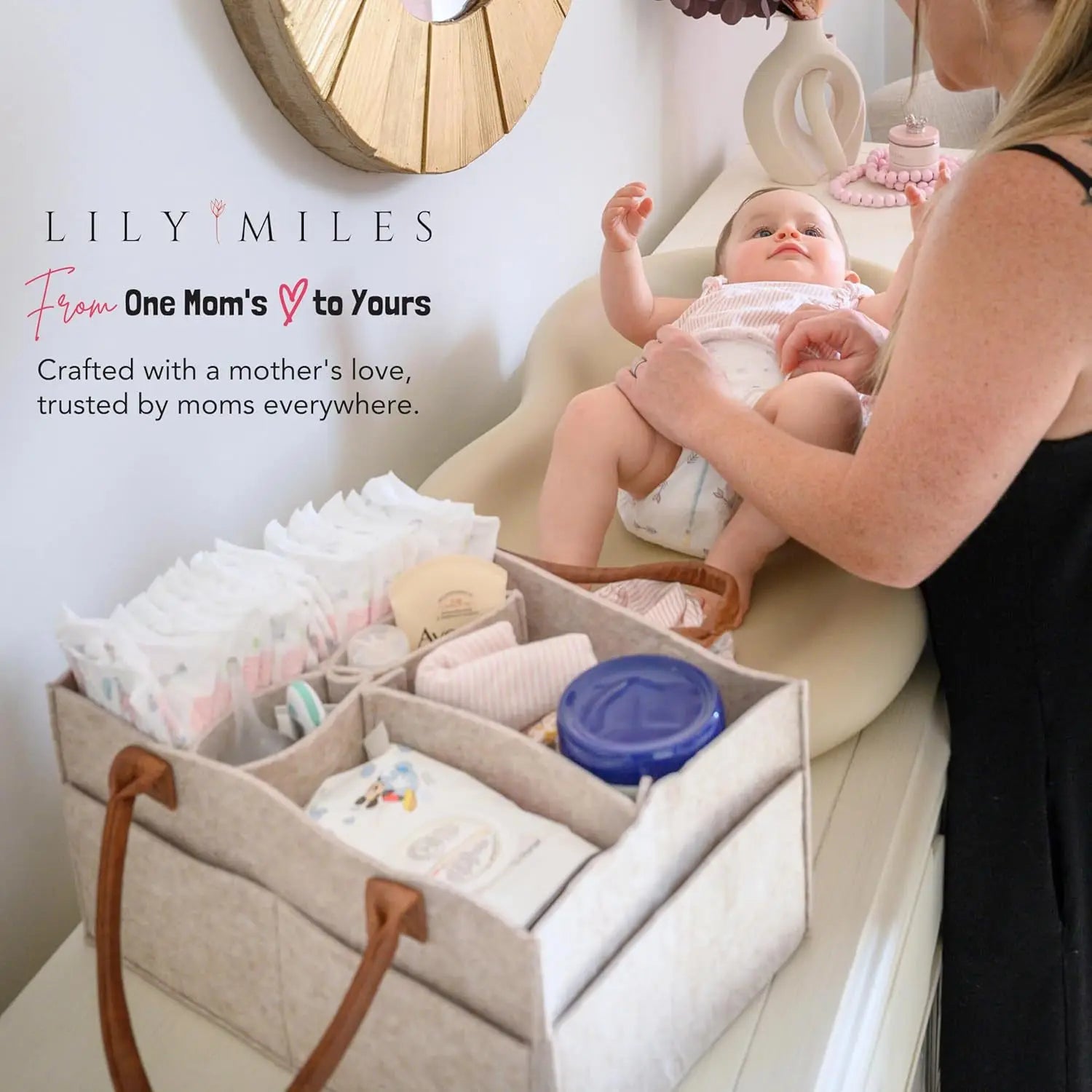 I YAN baby felt nursery organizer basket with handle, large pocket, ideal for diaper storage and changing supplies.
