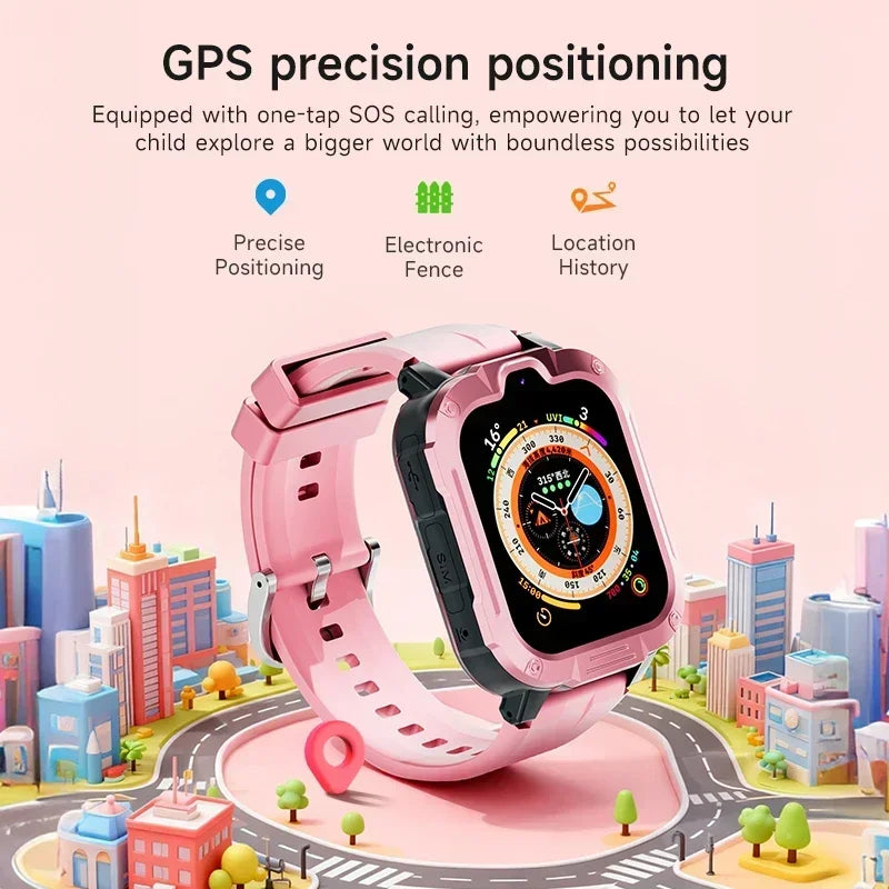 Kids smart watch by I YAN with 4G GPS, camera, video call, SOS, and voice monitor features, shown with a colorful digital display.