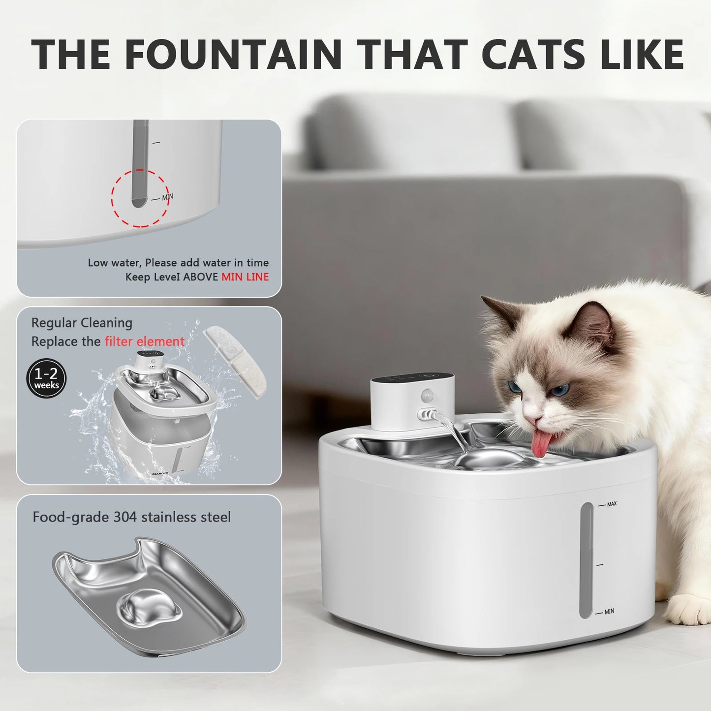 Wireless Cat Water Fountain 3.5L Pet Water Dispenser 4000mAh Long Lasting Battery Life Stainless Steel Pallet and Motion Sensing