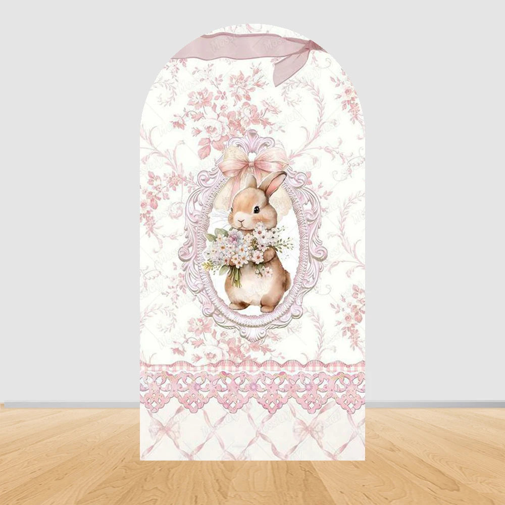 Little Rabbit Pink Flower Bow Baby Girl Birthday Party Arch Backdrop Cover Bunny Baby Shower Arched Photo Background Decor Props