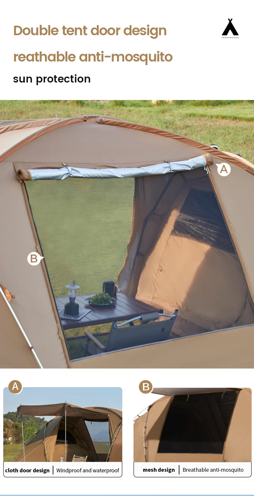 MOBI GARDEN Camping Tunnel Tent Two Bedrooms Waterproof Sunshade Portable Living Tent