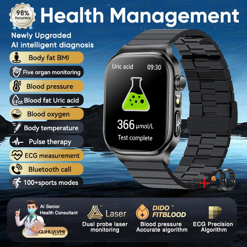 2025 New Precision detection ECG+PPG Uric acid Blood Fat SmartWatch Men Blood Pressure Blood oxygen Voice Call Health Smartwatch