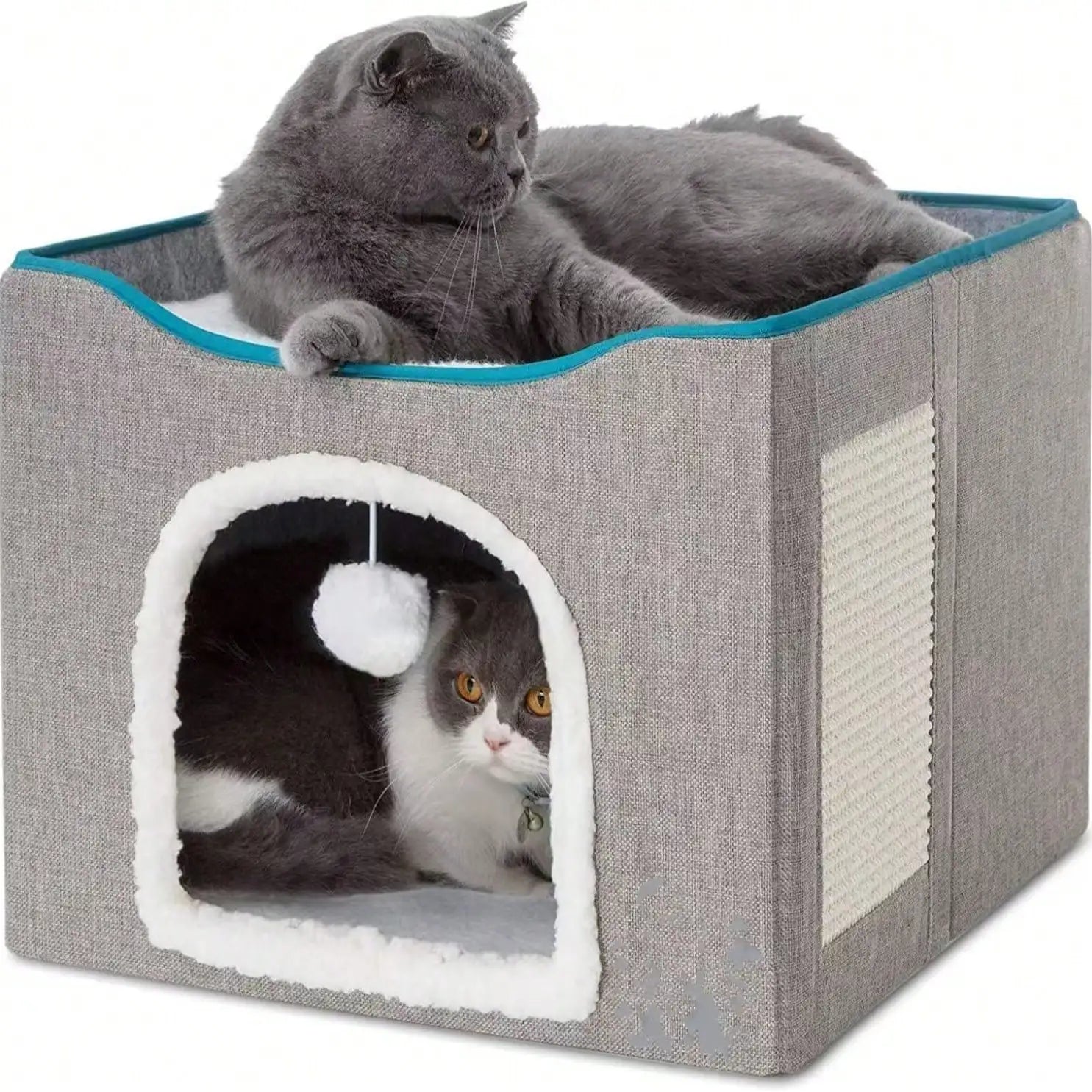 Large Foldable Cat Cave House Bed For Indoor Cats Dual Layer Cat Hideaway With Hanging Fluffy Pom Pom Toy & Built-In Sisal Scratch Pad Soft Cozy Pet Cat Nest 16.5×16.5×13 Inches Grey