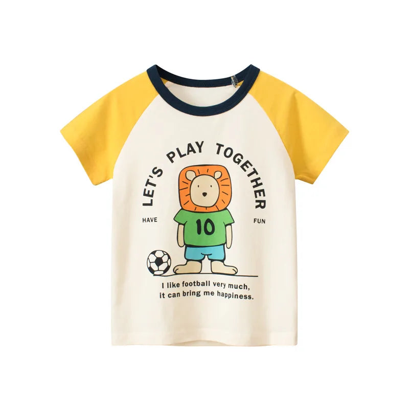 Children's short sleeve T-shirt by I YAN, cotton Korean kids' summer top with cartoon print for boys aged 2-9 years.