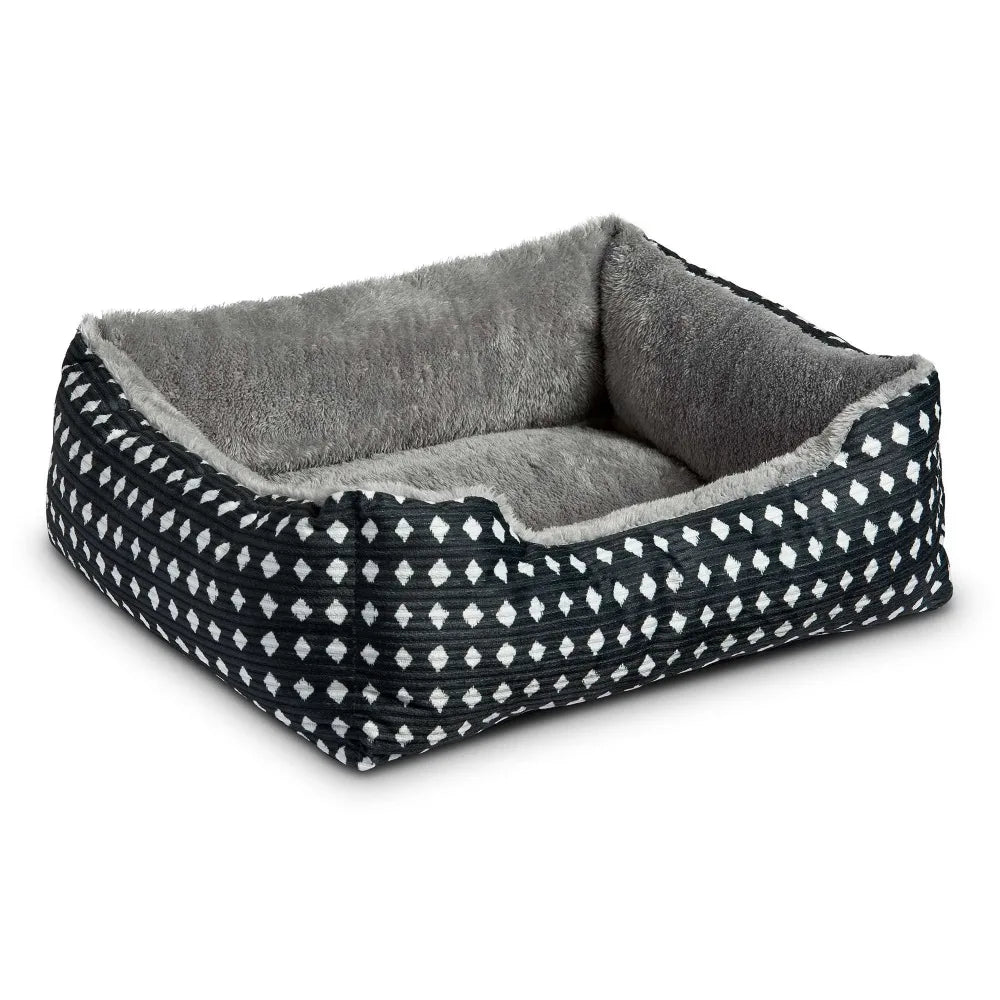 Small Cuddler Pet Bed for Cats and Dogs Soft Plush Washable Black and White Diamond Pattern 19x15 Inches Cozy Sleeping Cushion