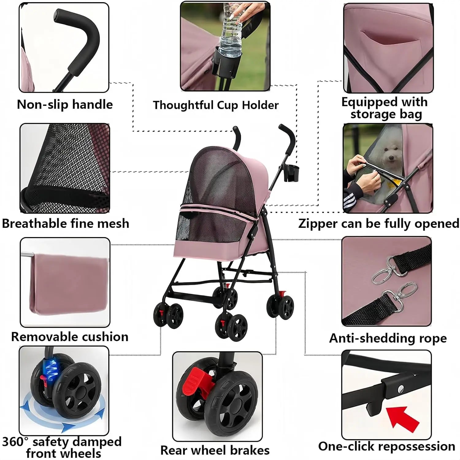 Small Pet Walks! Pink 4-Wheel Foldable Dog Stroller for 0-15 lbs Pets, Cup Holder, Breathable Mesh