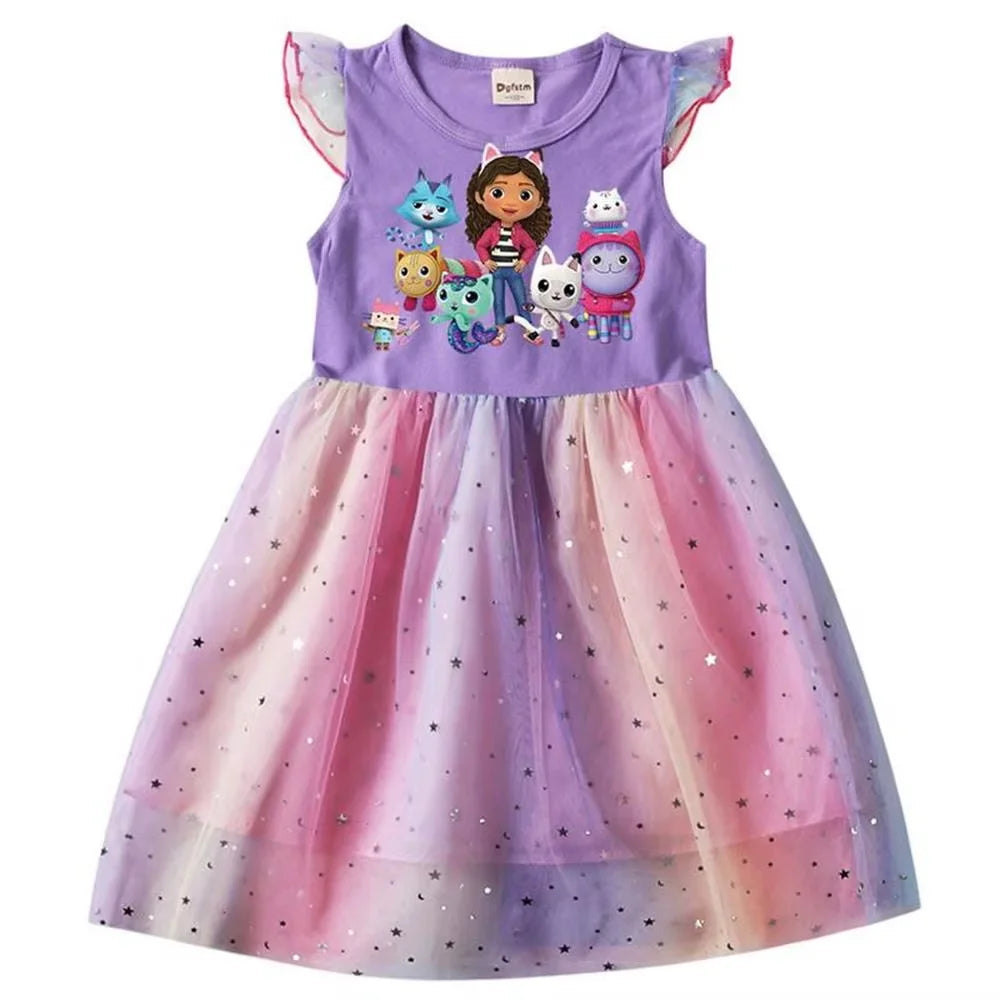 Summer Girls Daily Dresses Fly-sleeve Mesh Star Princess Dress Children's Cartoon Gaby Cosplay Costume+Headband Birthday Gift
