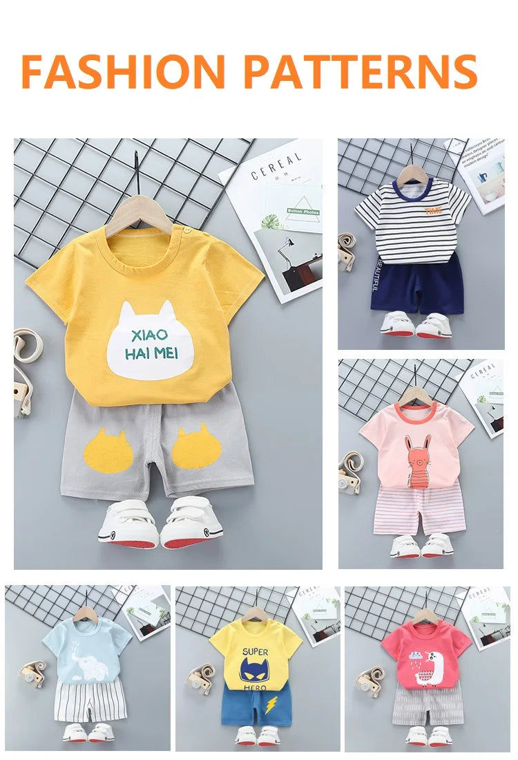 Children's summer T-shirt and shorts set by I YAN for boys and girls, featuring cotton fabric and short sleeves for toddlers