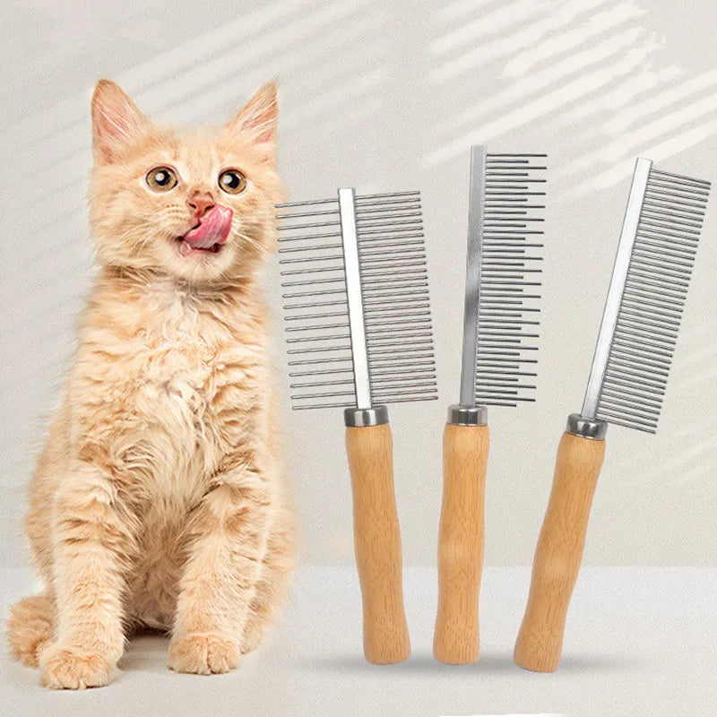Stainless steel cat and dog hair comb with wood handle for grooming and removing pet hair, from I YAN pet grooming tools.