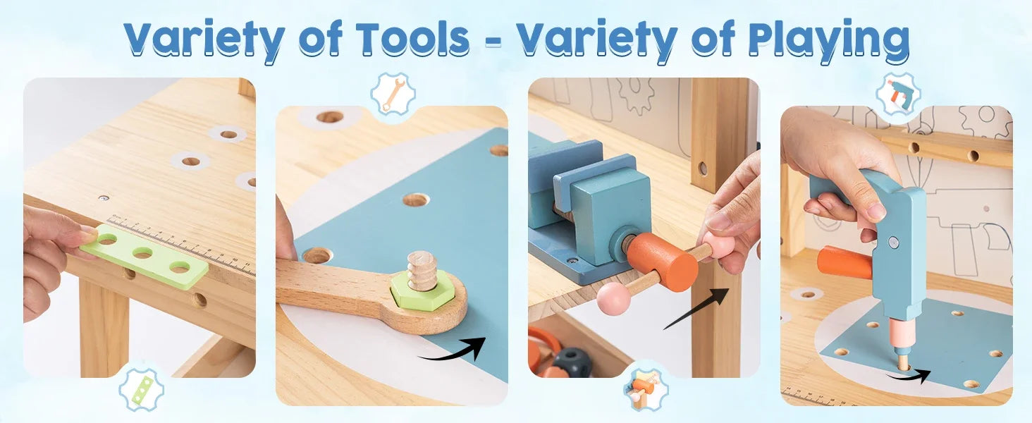 Robotime Robud kids tool bench set featuring wooden workbench and toy tools for boys and girls age 3 and up
