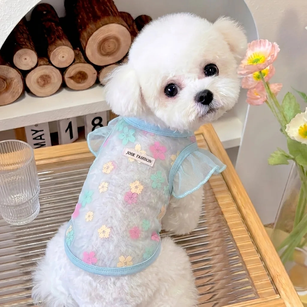 Summer floral mesh pet shirt by I YAN, lightweight breathable dog and cat vest with cute flower print for small dogs and kittens.