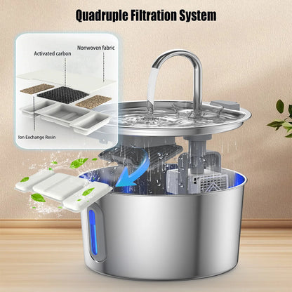 2.2L Portable Stainless Steel Pet Water Fountain - Ultra Quiet & Rechargeable Cordless Water Dispenser
