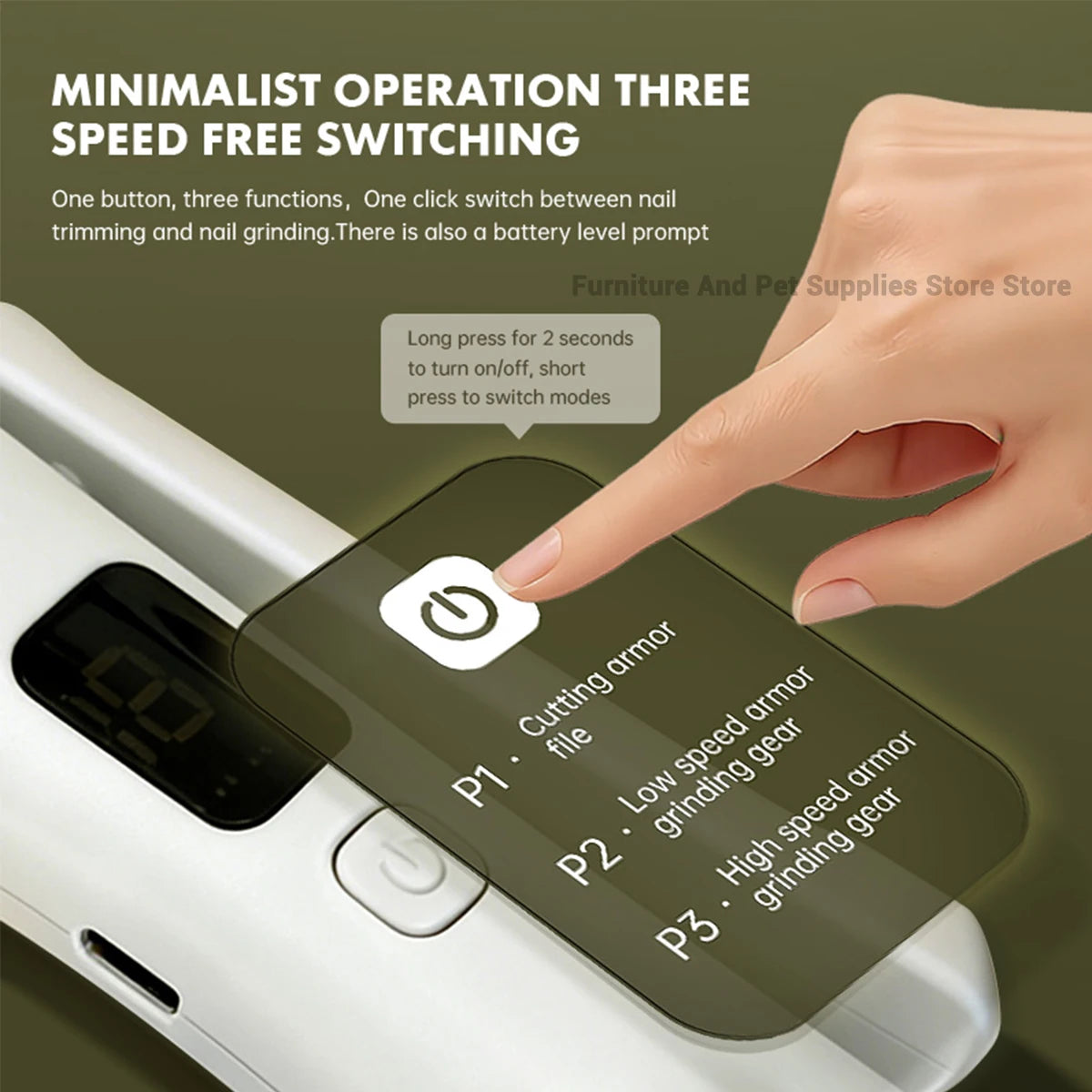 I YAN 2-in-1 electric pet nail trimmer with LED lights, suitable for small to large dogs and cats, featuring a grinding and trimming tool.
