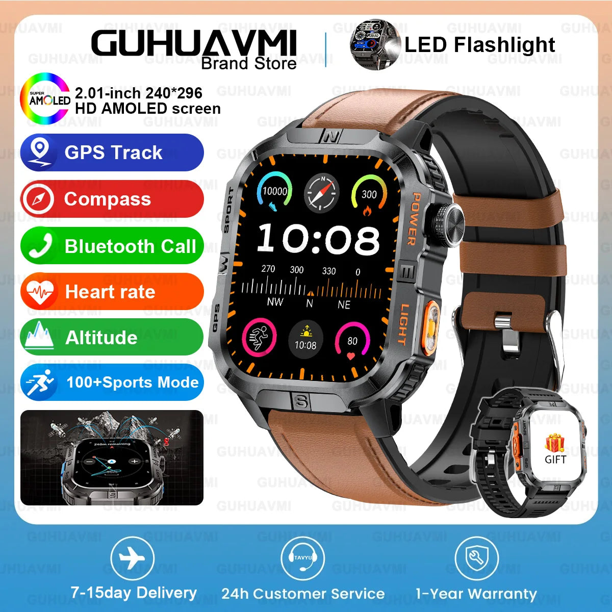 New Dual-Band Satellite GPS Smart Watch Men 2.01'' HD Screen Compass Military Flashlight Watches Waterproof Swim Smart Bracelet