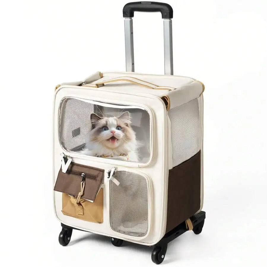 I YAN portable cats travel bag and small dog trolley suitcase with backpack straps for walking and camping.