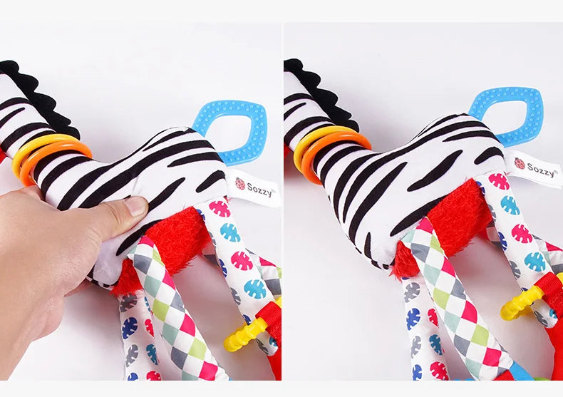 Soft plush giraffe and zebra handbells with rattles and teether for infants, baby development toys, I YAN brand.