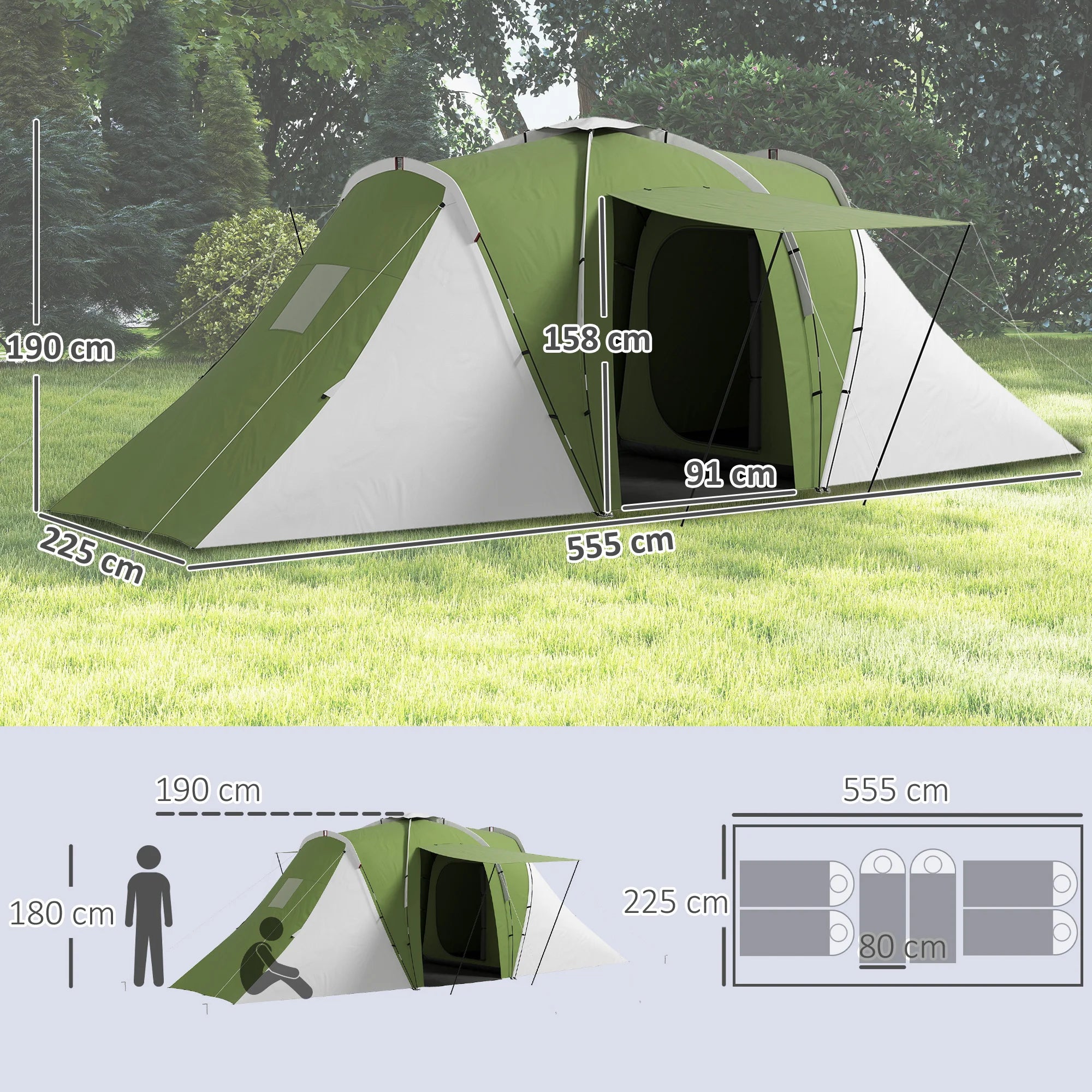 Outsunny 4-6 Man Tunnel Tent with 2 Bedroom and Living Area, Large Camping Tent, 2000mm Waterproof, Portable with Bag