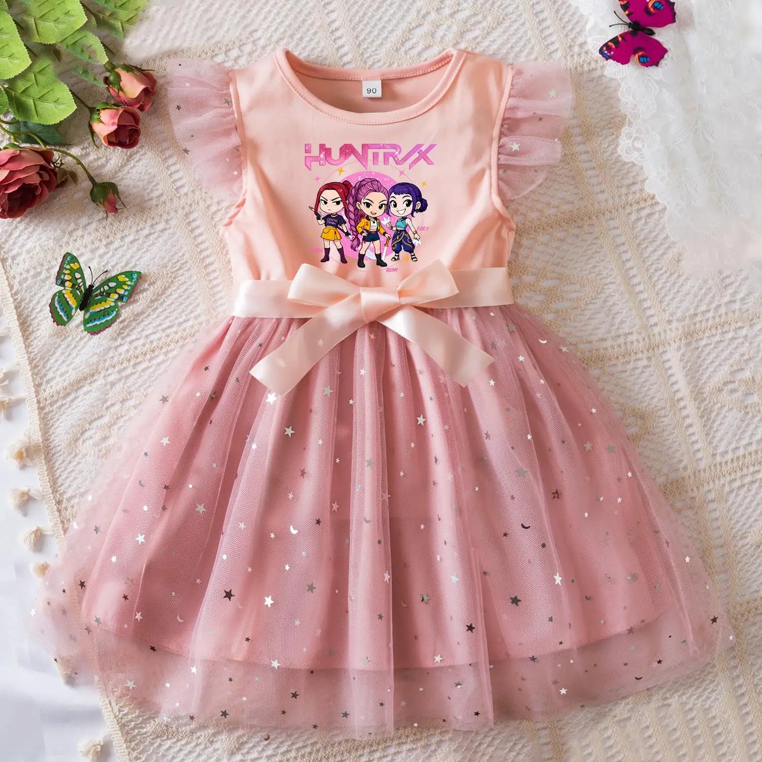 K-Pop Hunters Zoey Rumi Girls Sequin Tutu Dress with Bow Flutter Sleeves Summer Princess Party Outfit for Toddler Kids 2-6 Years