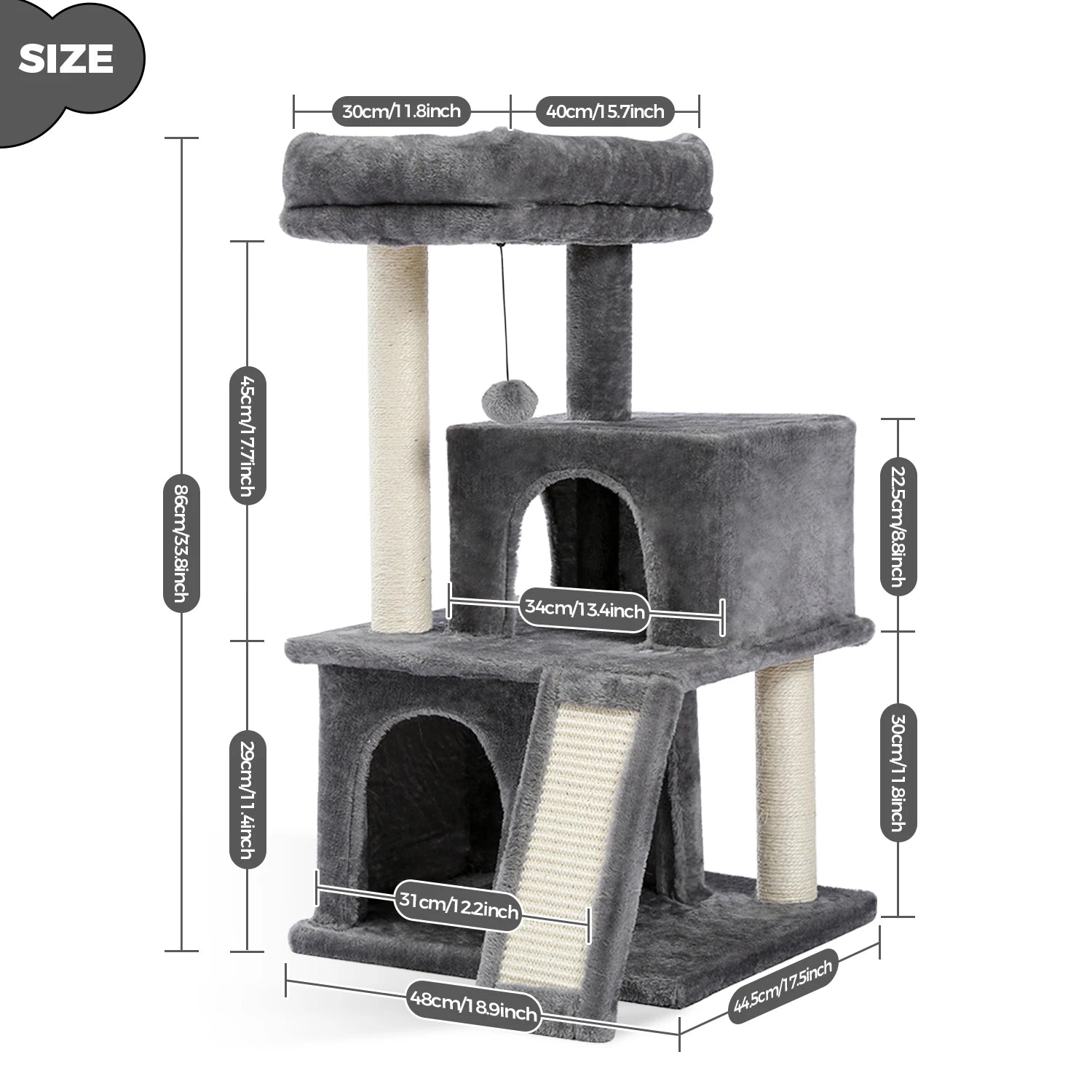 Cat Tree Multilevel Cat Tower with Double Condos, Spacious Perch, Fully Wrapped Scratching Sisal Post and Replaceable Balls
