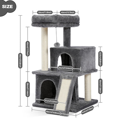 Multilevel I YAN cat tree with double condos, spacious perch, sisal scratching post, and replaceable balls for cats to climb and play