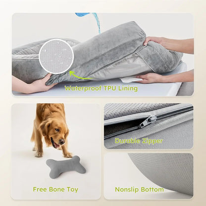 Light gray orthopedic dog bed with cooling gel memory foam, waterproof washable cover, 42-inch pet sofa by I YAN.