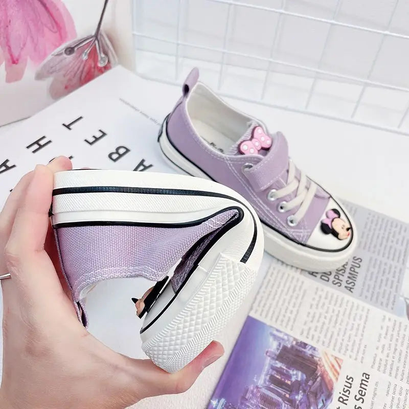 Disney Girls' Canvas Casual Shoes Soft Sole High Top Cartoon Mickey Mouse Minnie Purple White Breathable Shoes Flats Size 24-37