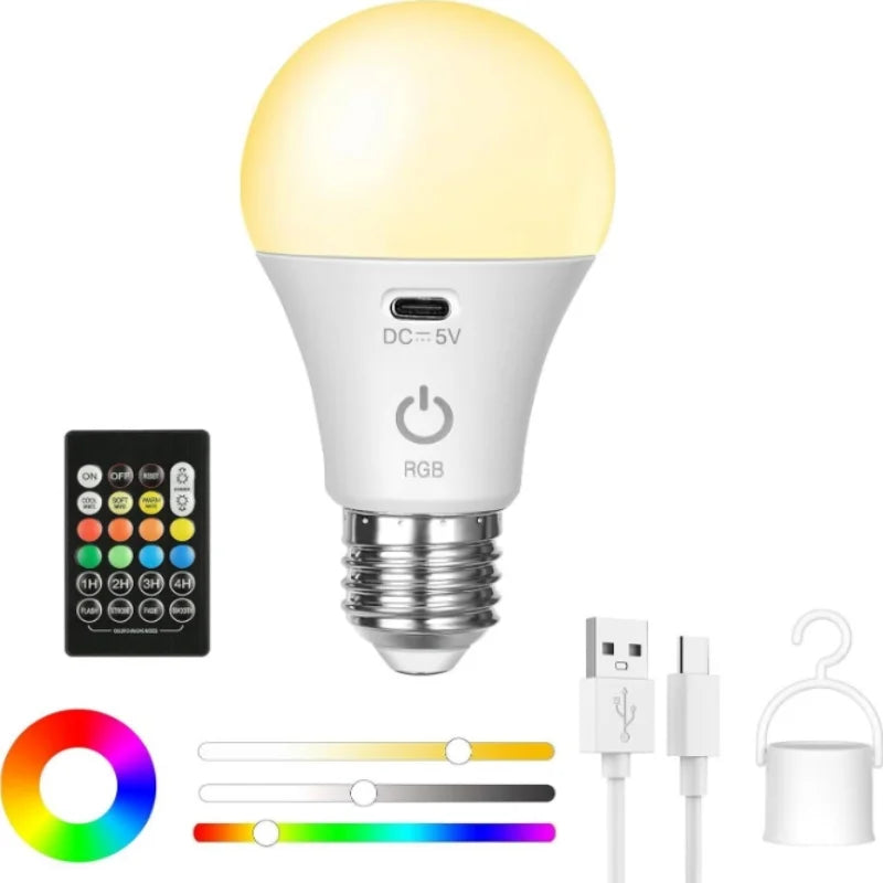 Rechargeable Light Bulb RGB color USB Led Bulb  Smart Bulb Dimmable E27 Bulbs with Timing Cordless Battery Operated Light Bulb