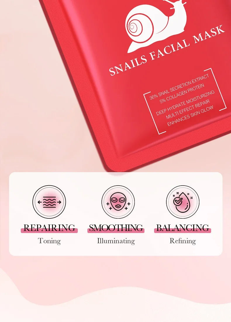 5/10 PCS Korean Snail Mucin Sheet Mask Hydrating Repair Brightening Anti-Aging Wrinkle Moisturizing Gel Face Mask for All Skin