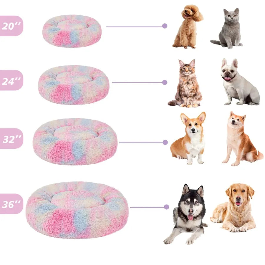 Pink rainbow Calming Donut Pet Bed for small dogs by I YAN, plush cozy warming dog bed for anxiety relief, 20-inch size