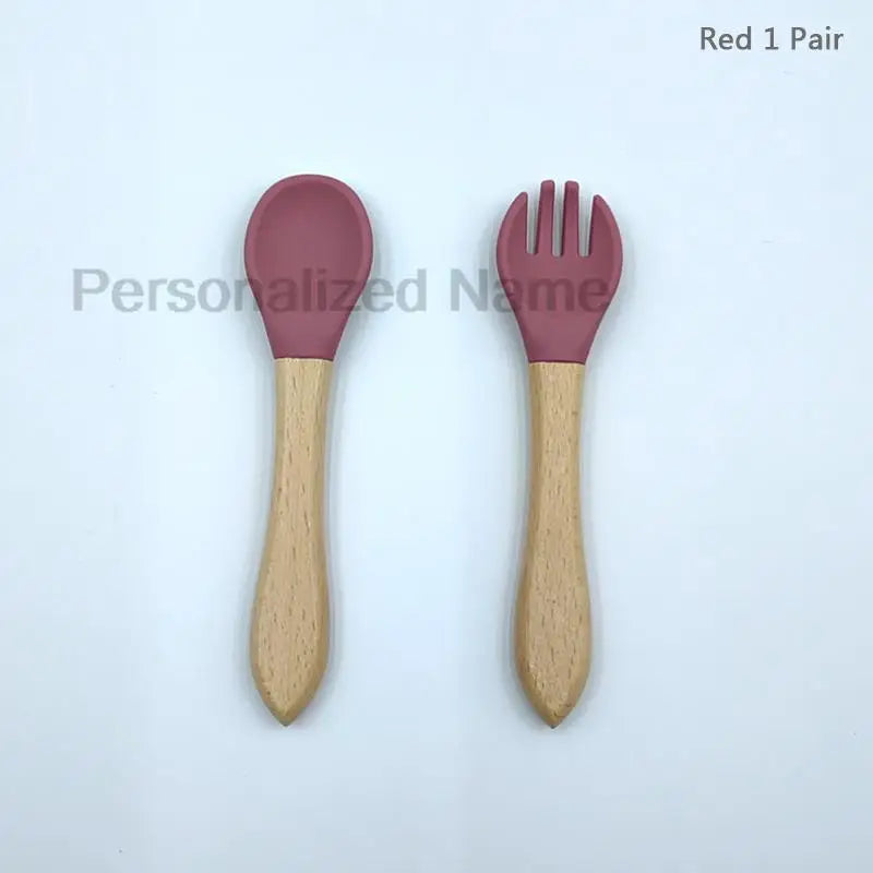 Baby Silicone Spoon & Fork Set – Soft BPA-Free Feeding Utensils with Wooden Handle - I YAN
