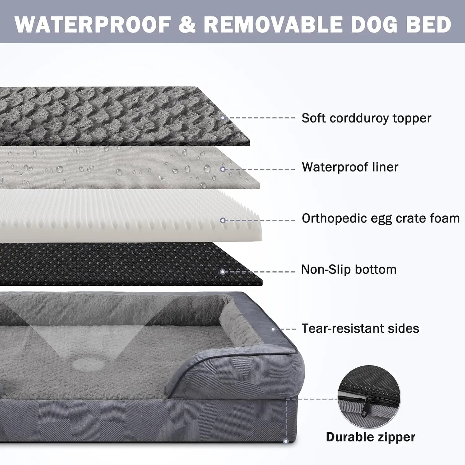 Orthopedic Dog Bed Large XL Washable Sofa with Egg-Crate Foam Waterproof Lining Non-Skid Bottom