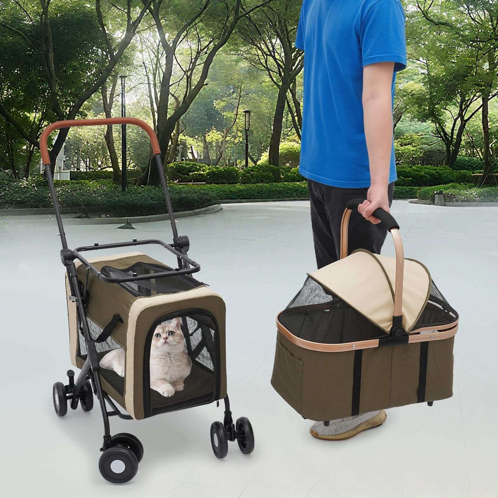 Foldable Pet Stroller for Small/Medium Pets—18.1x22.8x38.2in, 2-Tier Design+Safety Locks, Sunshade+Cushions, Ideal for Travel
