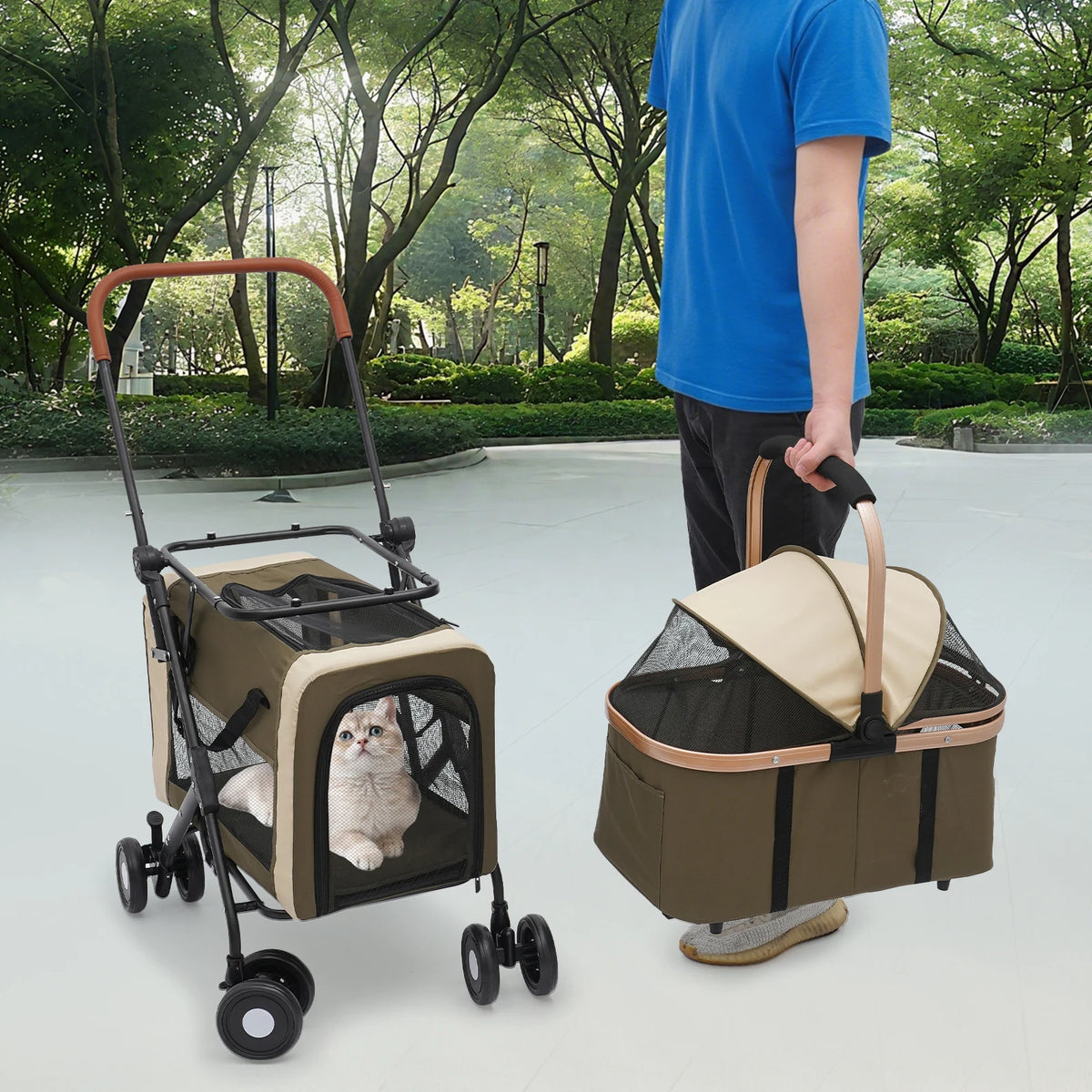 Foldable I YAN pet stroller for small and medium pets with sunshade, cushions, safety locks, and 2-tier design for travel.